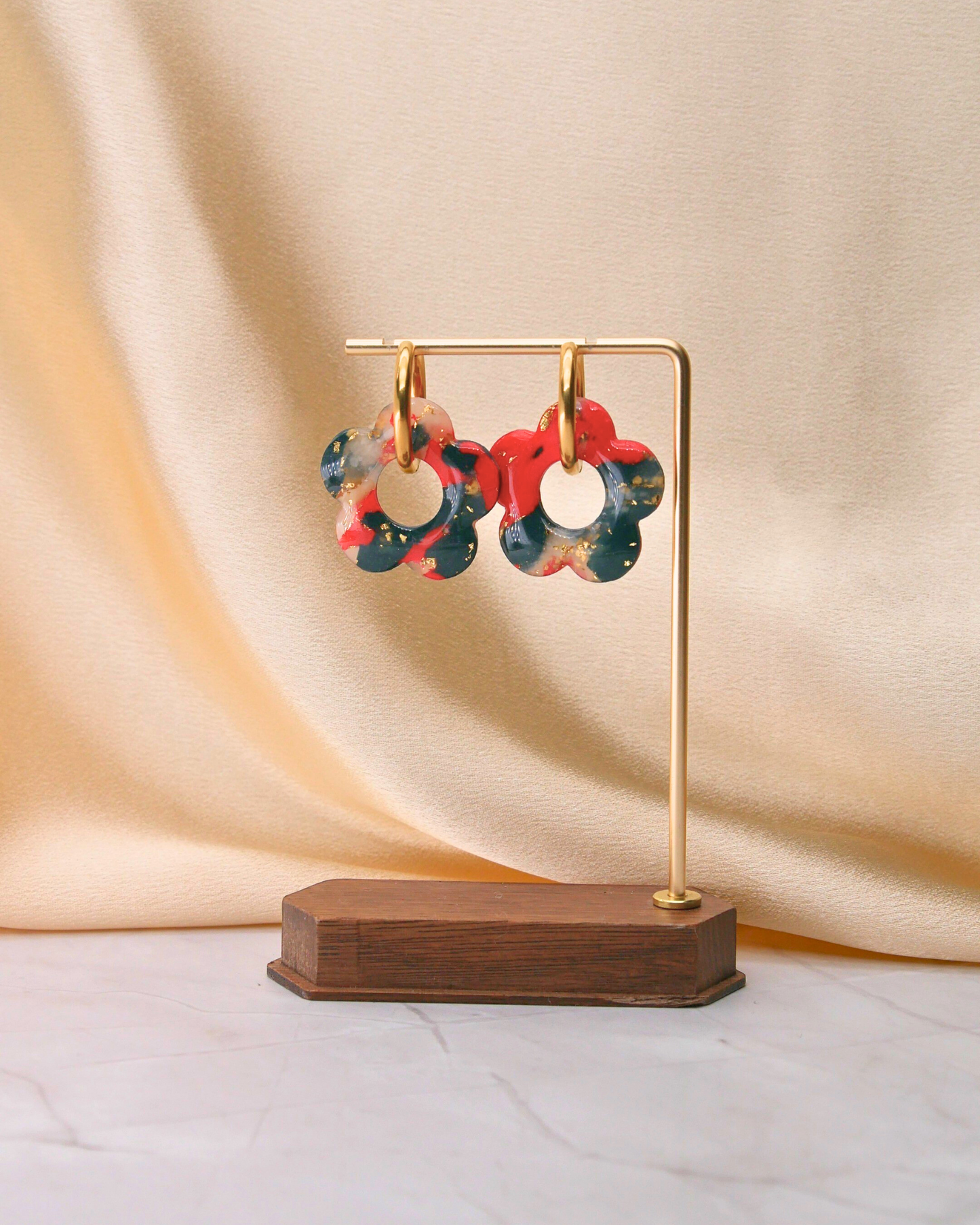 Créoles grandes fleurs - Rouge & vert foncé