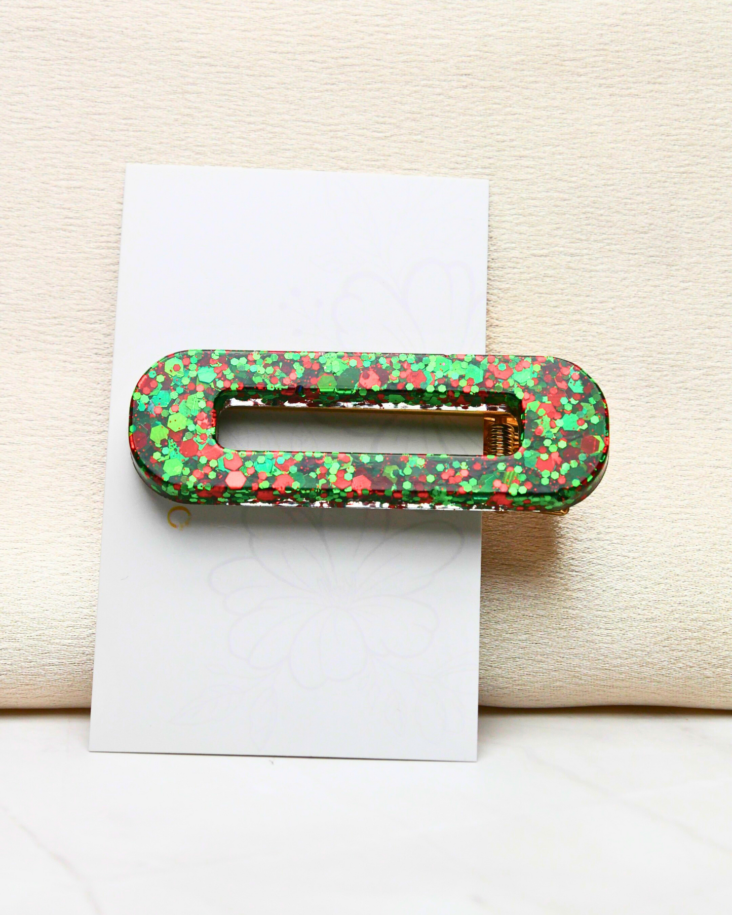 Barrette rectangle paillettes - Vert et rouge
