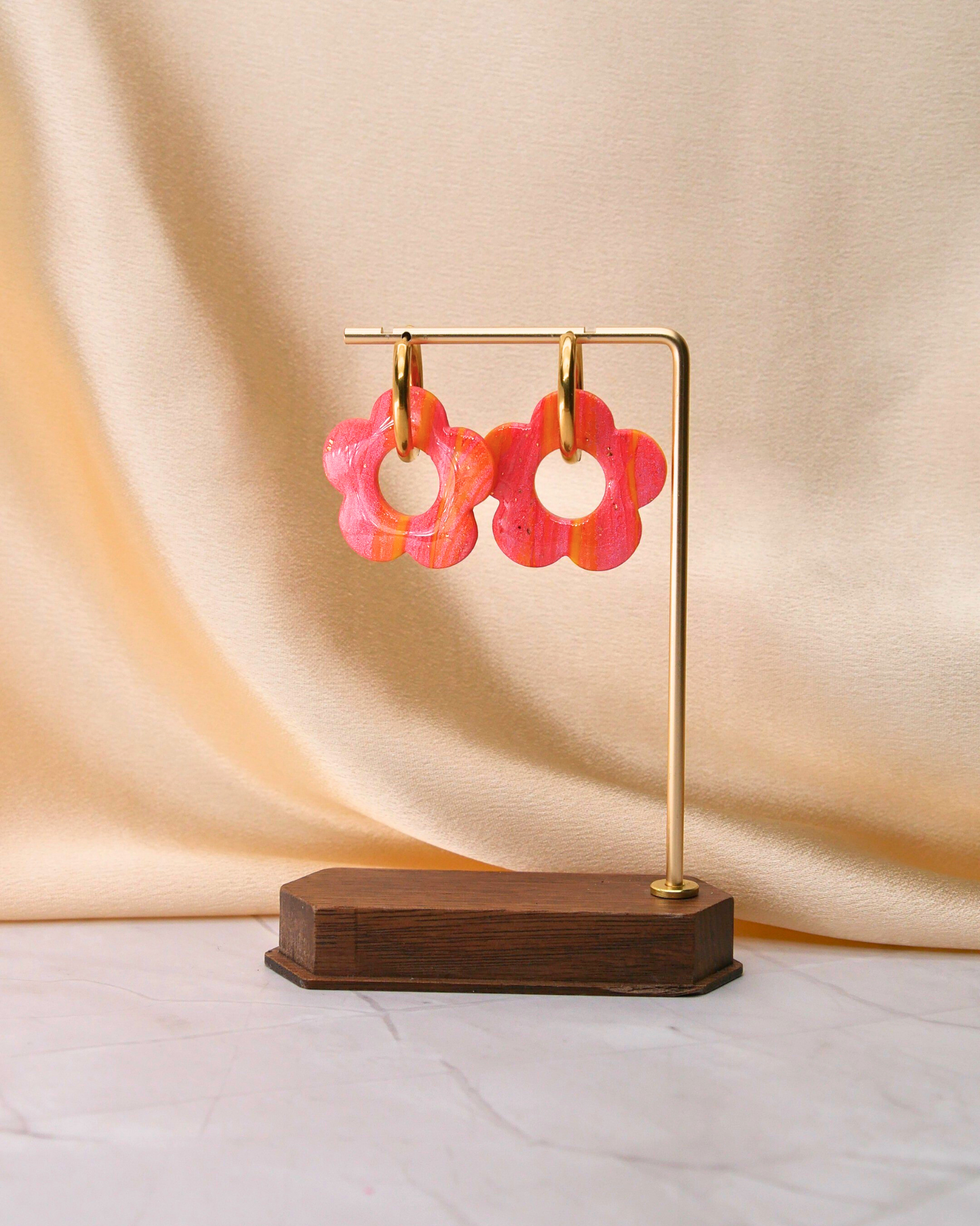 Créoles grandes fleurs - Rayures orange & rose