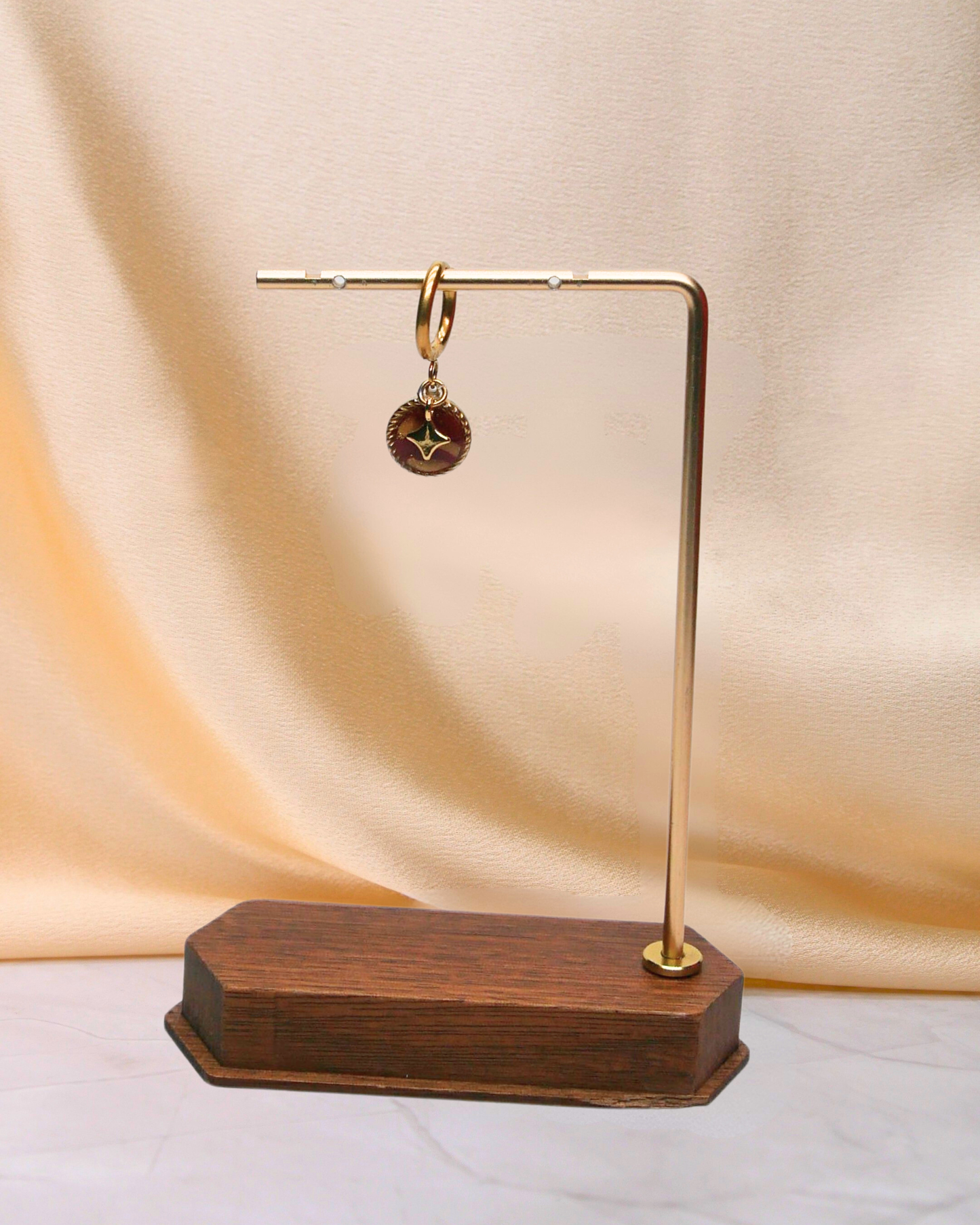 Boucle d'oreille unitaire rond - Doré & Bordeaux