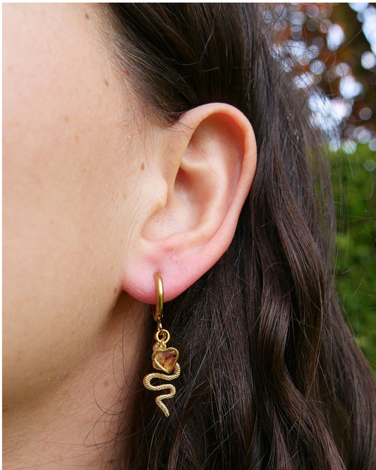 Boucle d'oreille unitaire serpent - Marron & doré