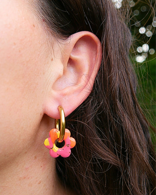 Créoles fleurs - Rose bonbon, orange & jaune