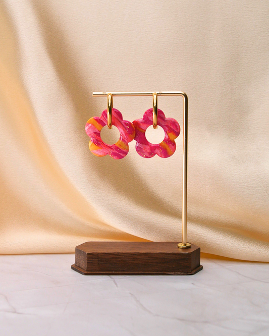 Créoles grandes fleurs - Fuchsia, rose clair & jaune