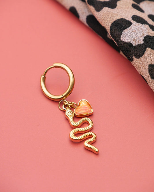 Boucle d'oreille unitaire serpent - Rouge orangé & jaune