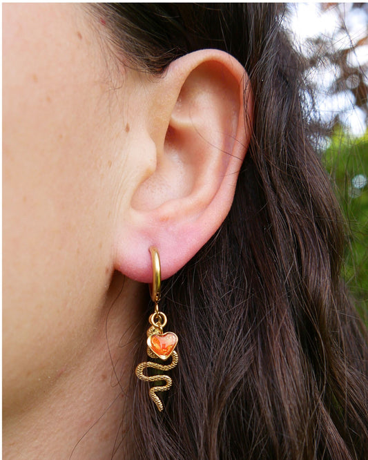 Boucle d'oreille unitaire serpent - Rouge orangé & jaune