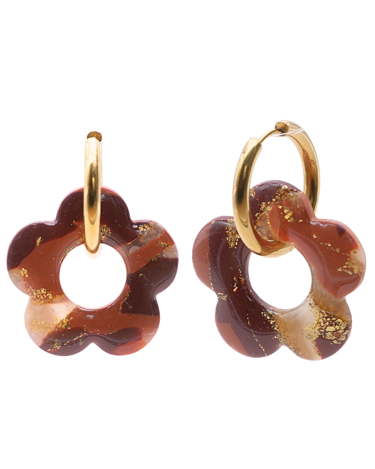 Créoles grandes fleurs marron interchangeables en acier inoxydable doré. Bijoux faits main en France Maison Oneiri