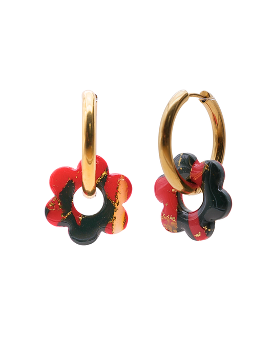 Créoles fleurs - Rouge & vert foncé