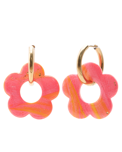 Créoles grandes fleurs - Rayures orange & rose