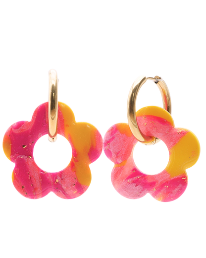 Créoles grandes fleurs - Fuchsia, rose clair & jaune