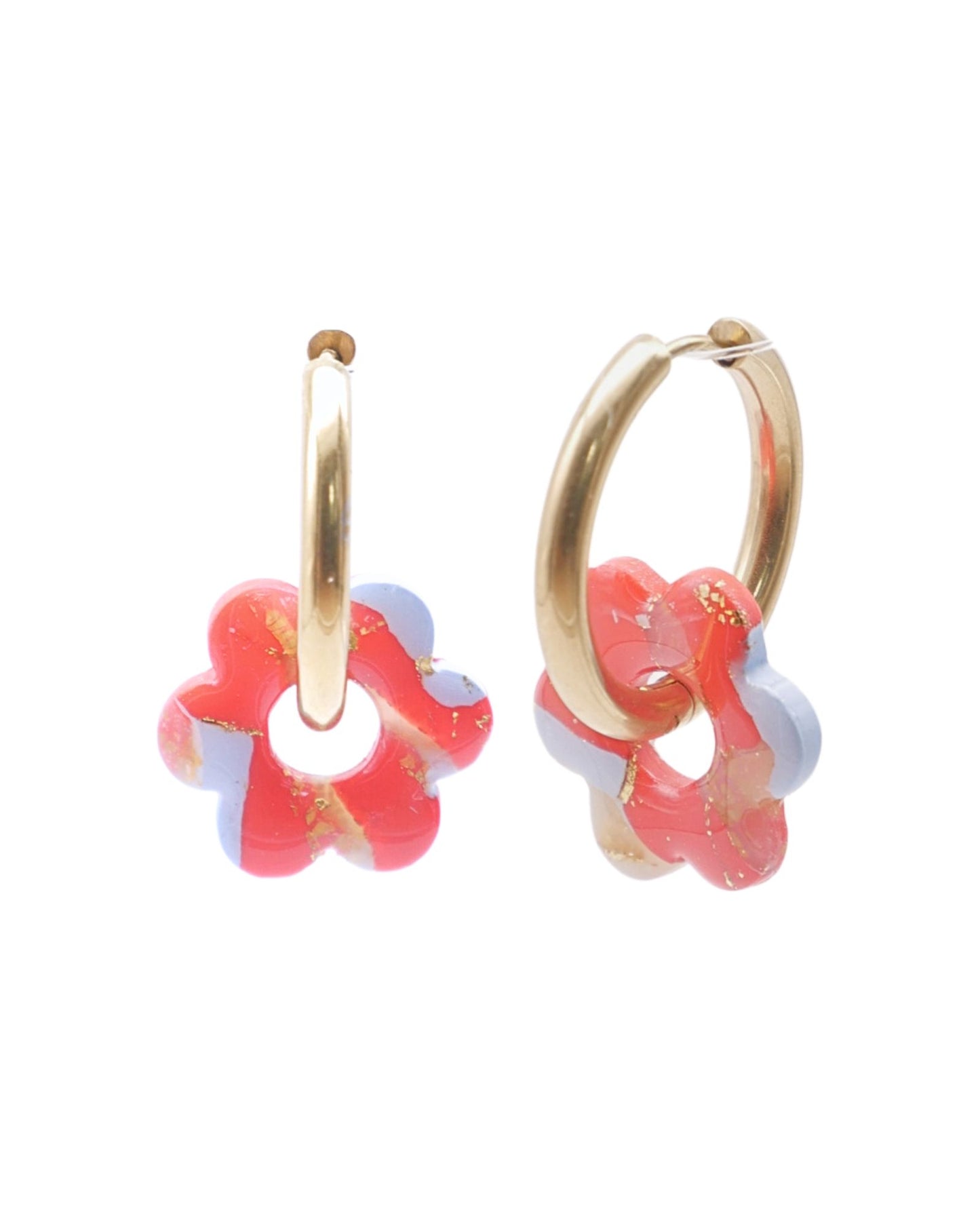 Créoles fleurs - Bleu ciel & rouge