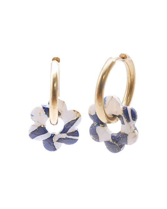 Créoles fleurs - Bleu nuit & blanc