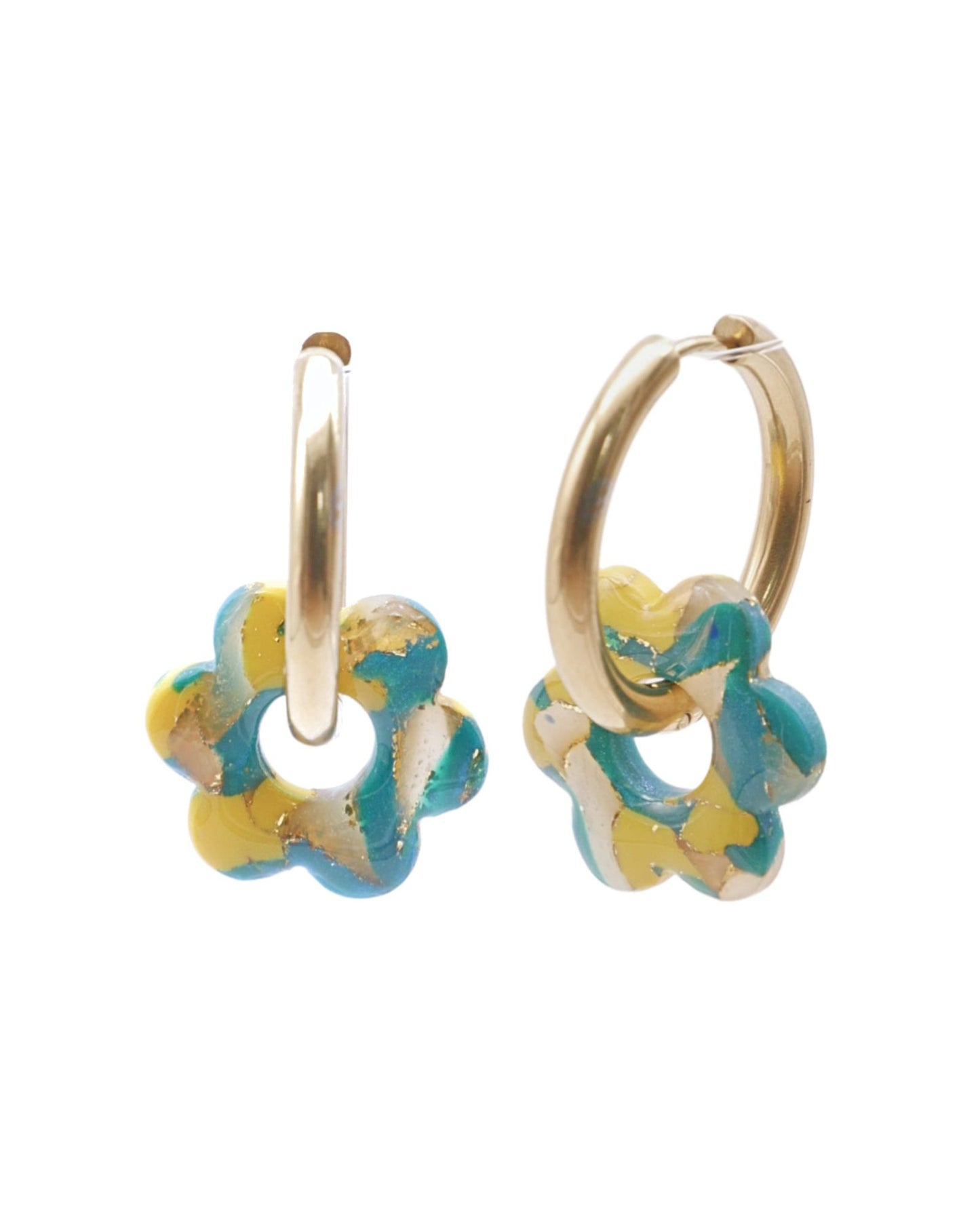 Créoles fleurs - Bleu paon & jaune