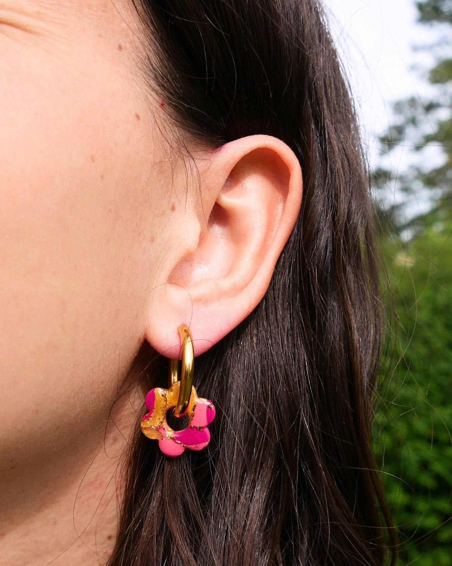 Créoles fleurs - Doré, rose clair & Fuchsia