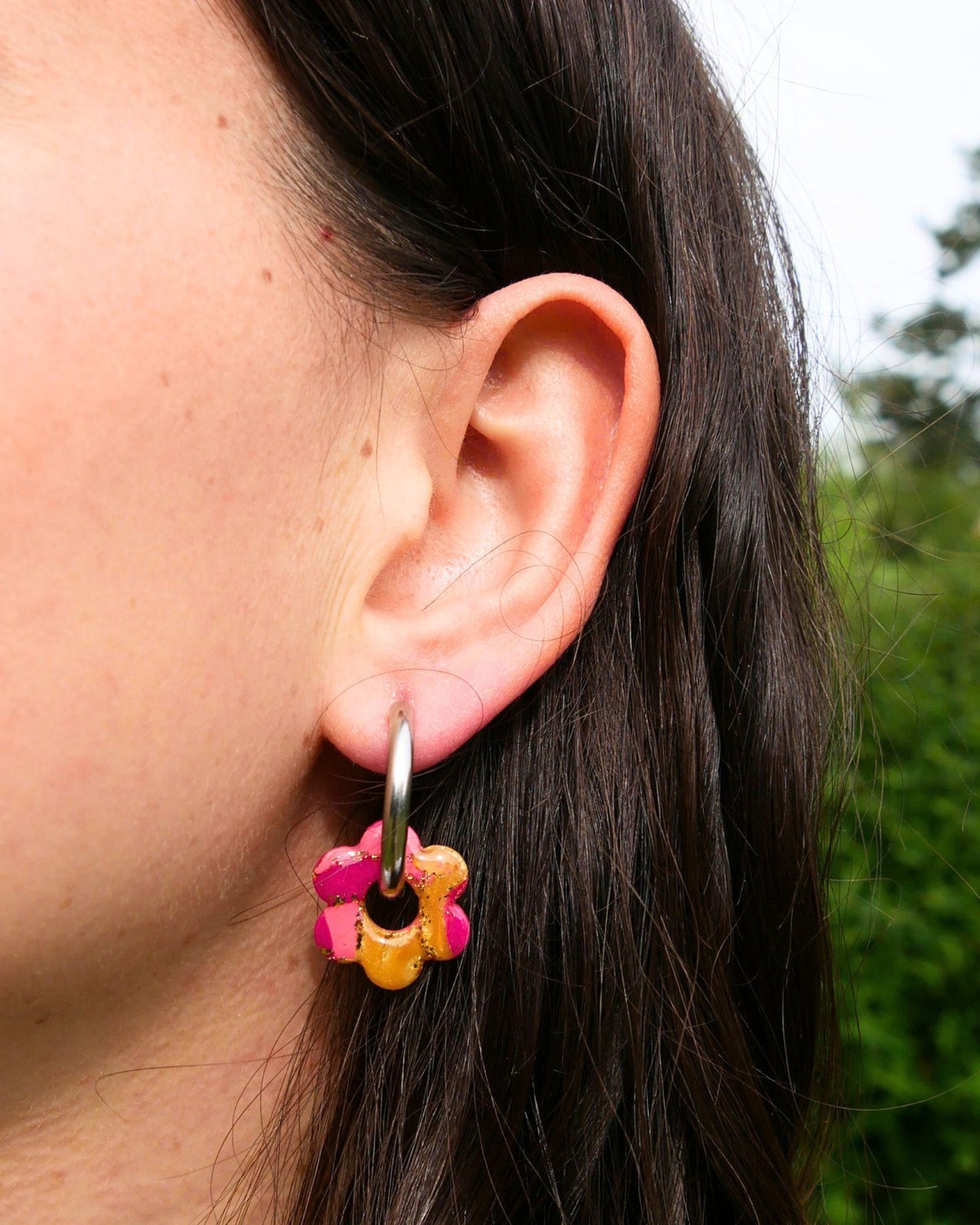 Créoles fleurs - Doré, rose clair & Fuchsia