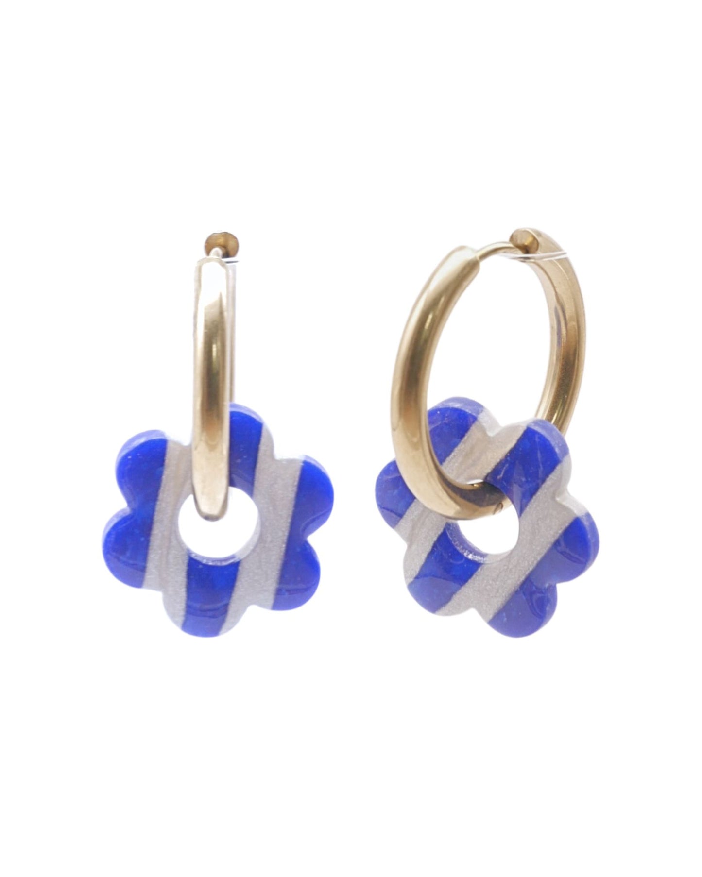 Créoles fleurs - Rayées bleu & perle