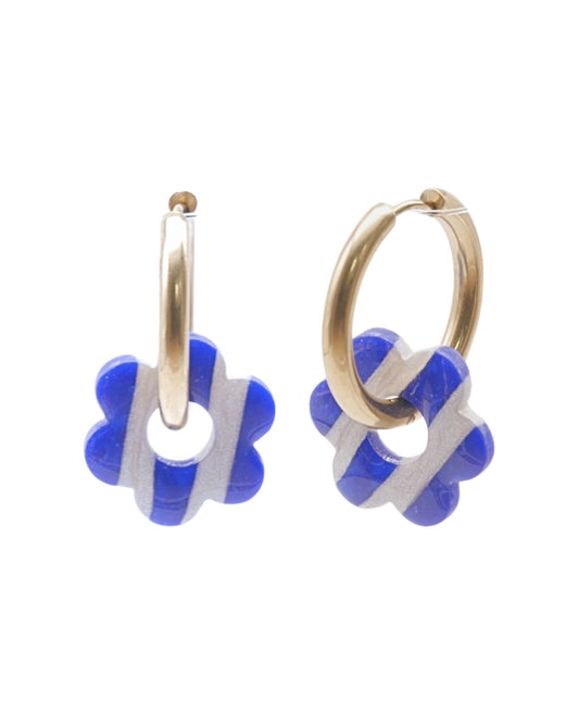 Créoles fleurs - Rayées bleu & perle