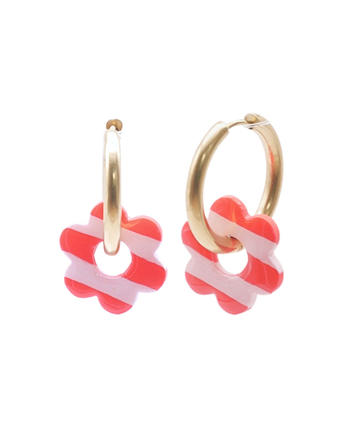 Créoles fleurs - Rayées rouge & rose clair