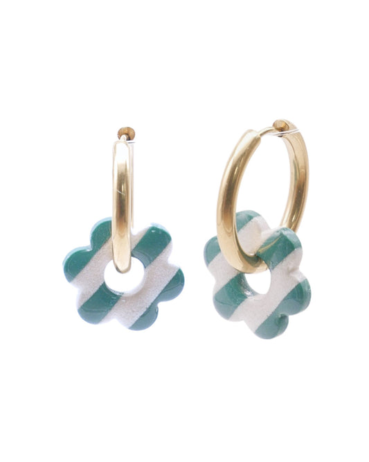 Créoles fleurs - Rayées vert & perle