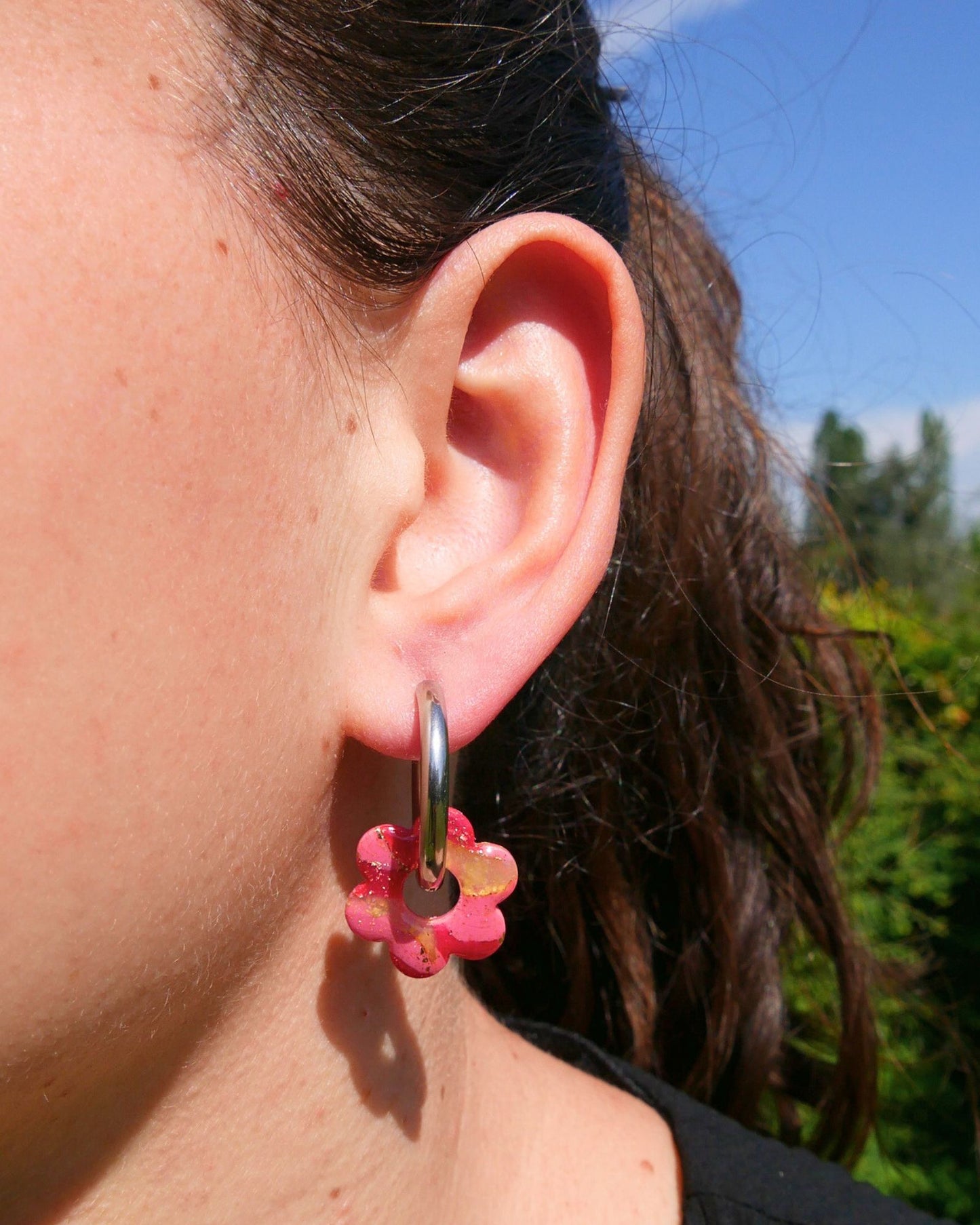 Créoles fleurs - Rose bonbon & framboise