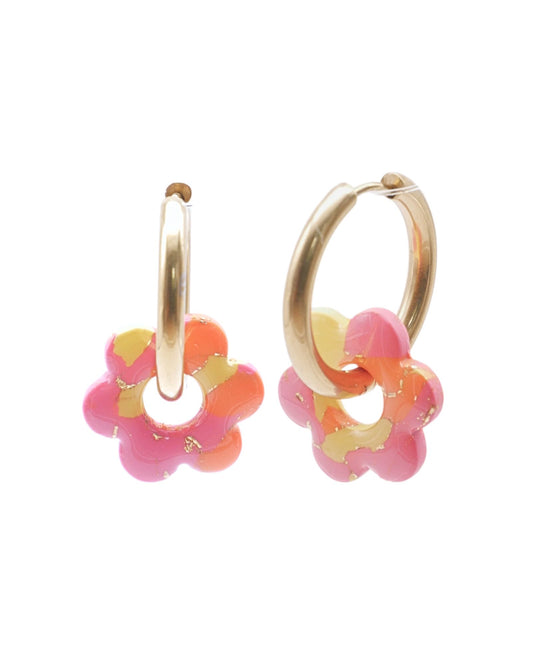 Créoles fleurs - Rose bonbon, orange & jaune