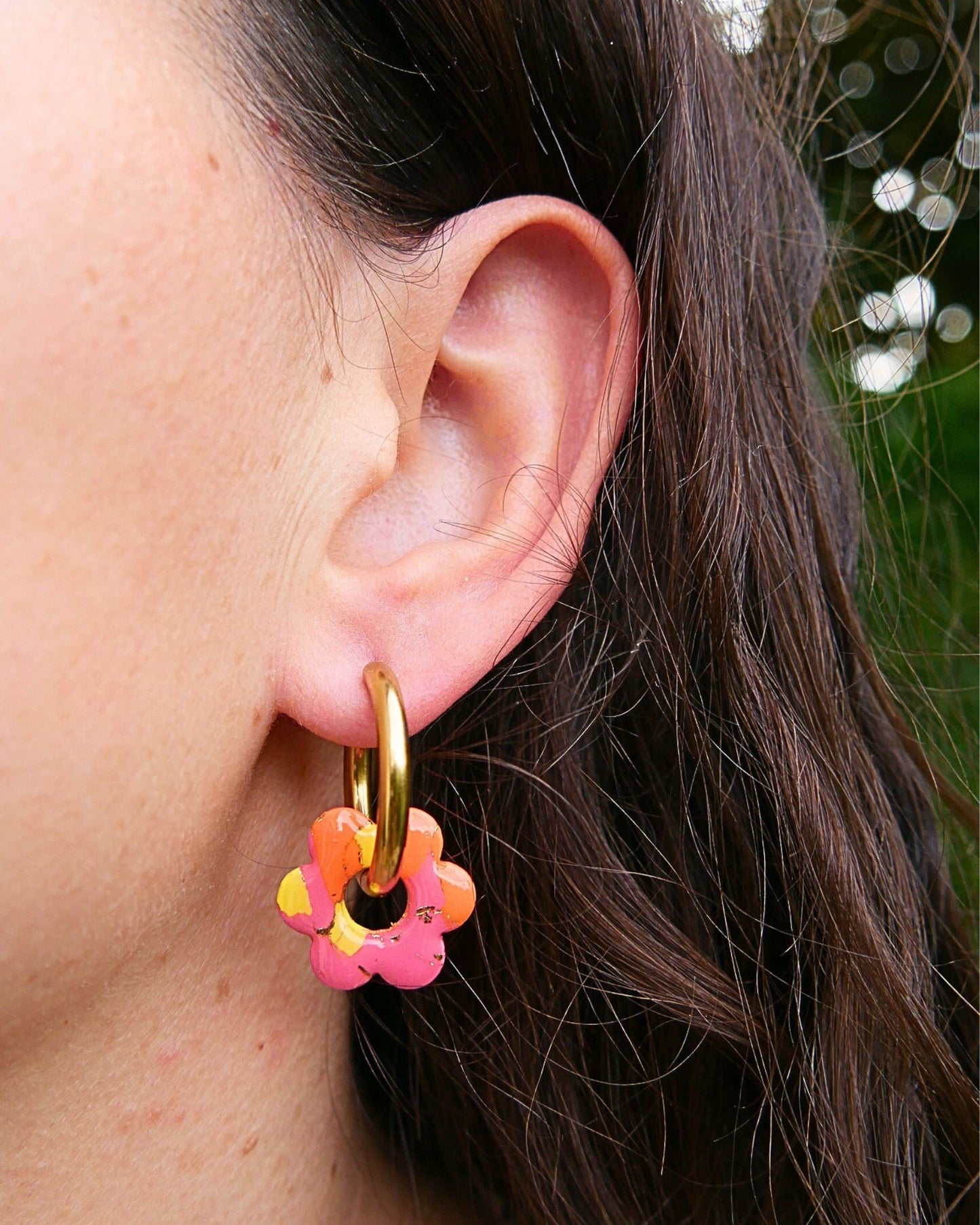 Créoles fleurs - Rose bonbon, orange & jaune
