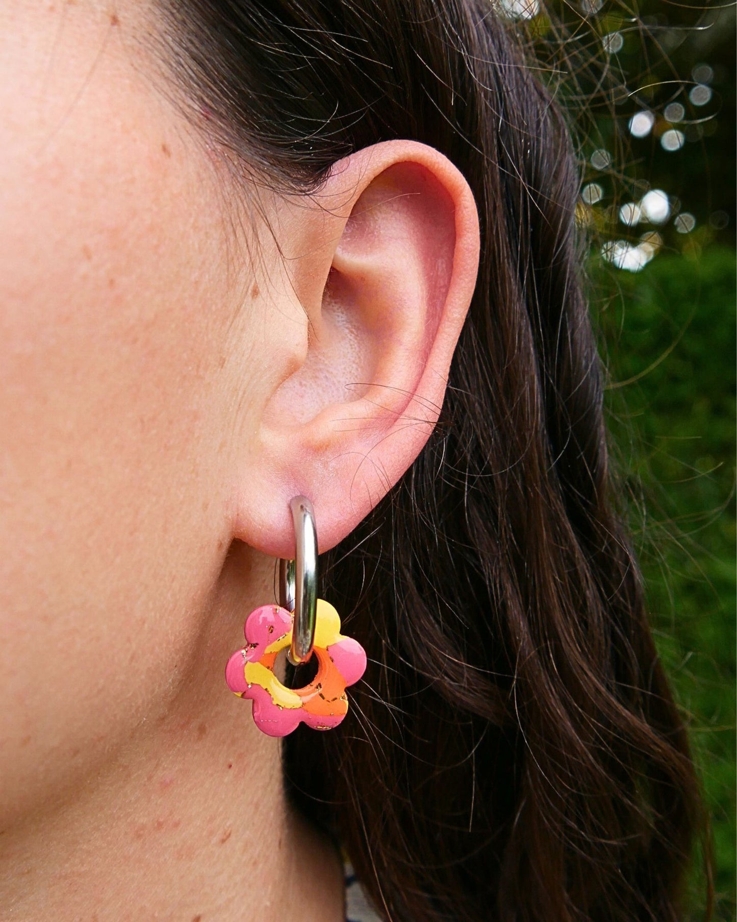 Créoles fleurs - Rose bonbon, orange & jaune