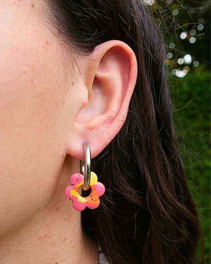 Créoles fleurs - Rose bonbon, orange & jaune