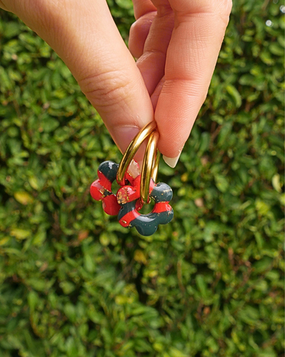 Créoles fleurs - Rouge & vert foncé
