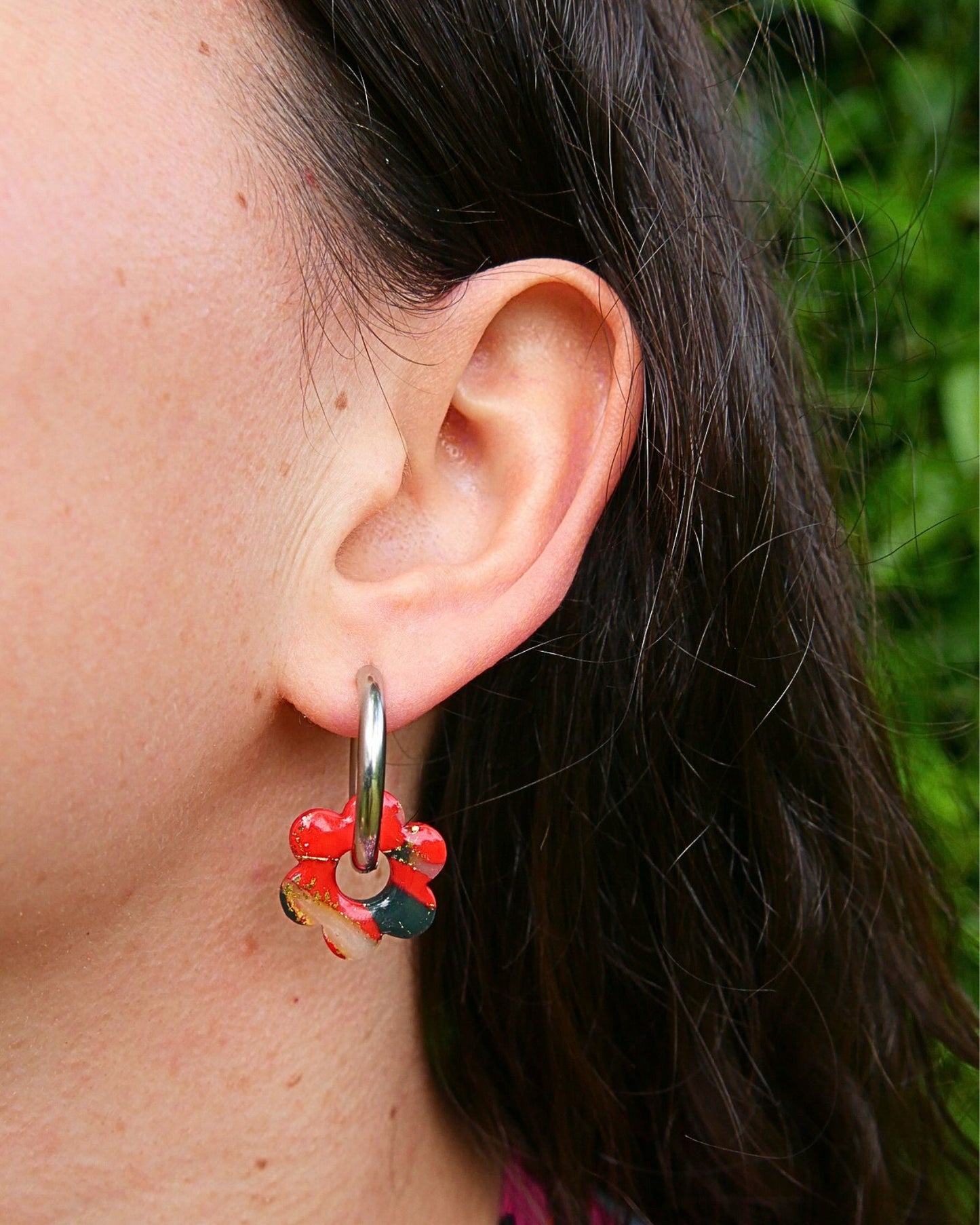 Créoles fleurs - Rouge & vert foncé