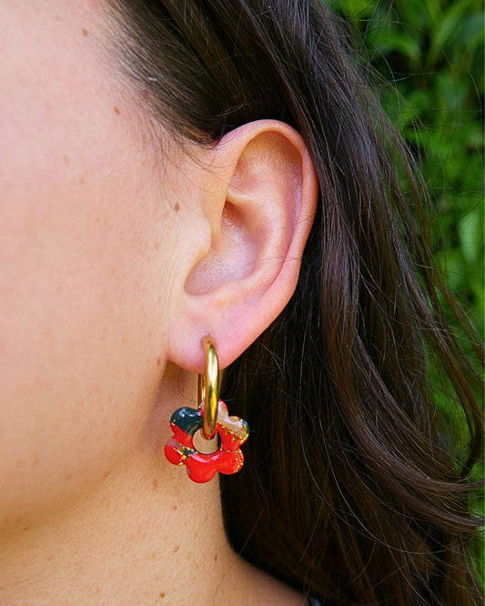 Créoles fleurs - Rouge & vert foncé