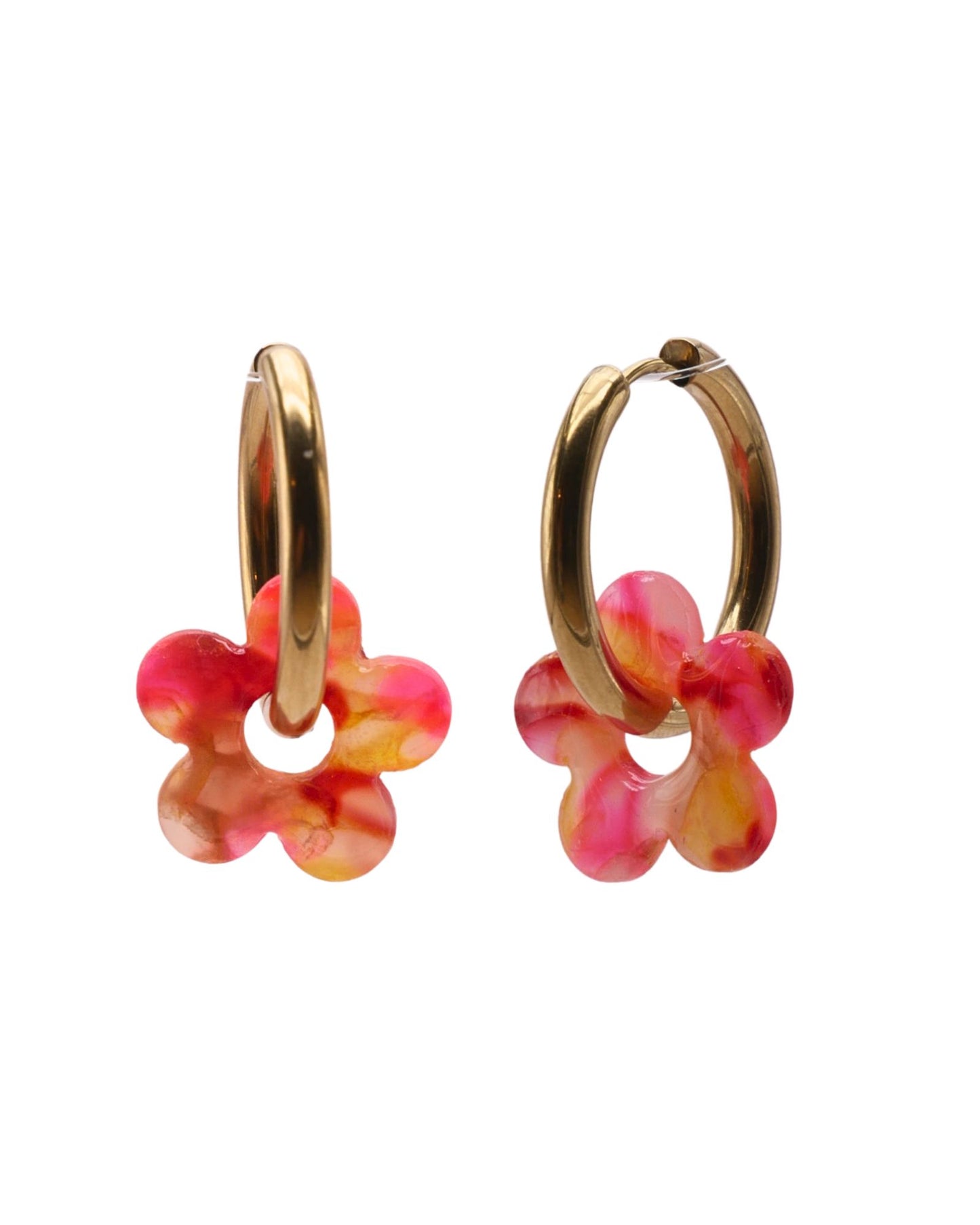 Créoles fleurs - Rose fluo, jaune & bordeaux