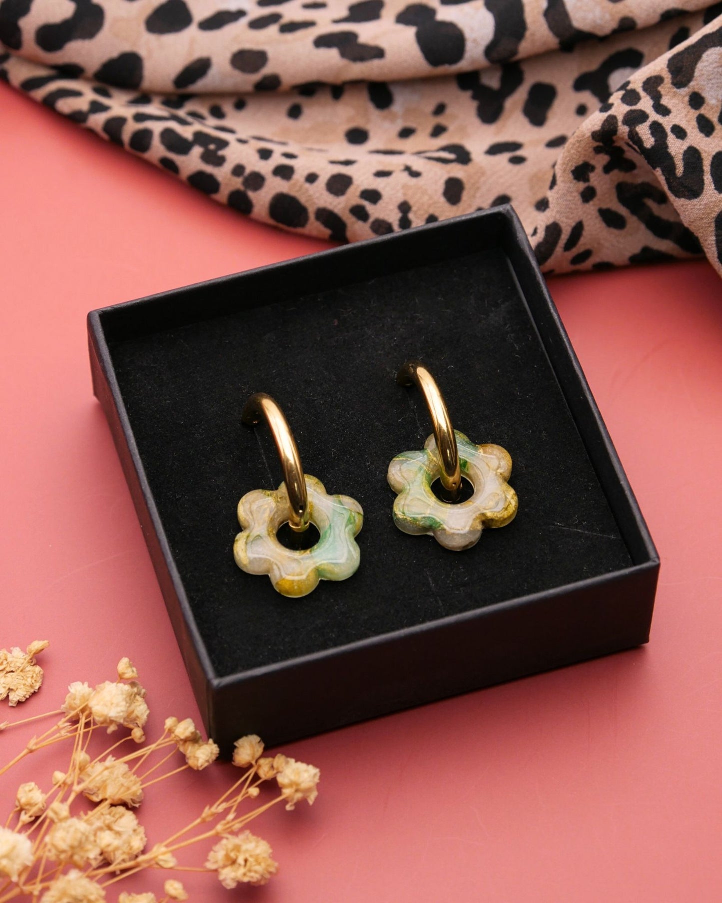 Créoles fleurs - Vert & doré