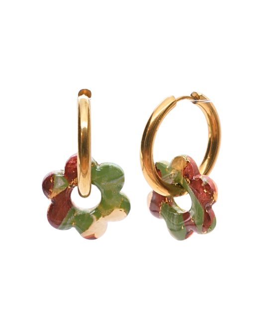Créoles fleurs - Marron & vert olive