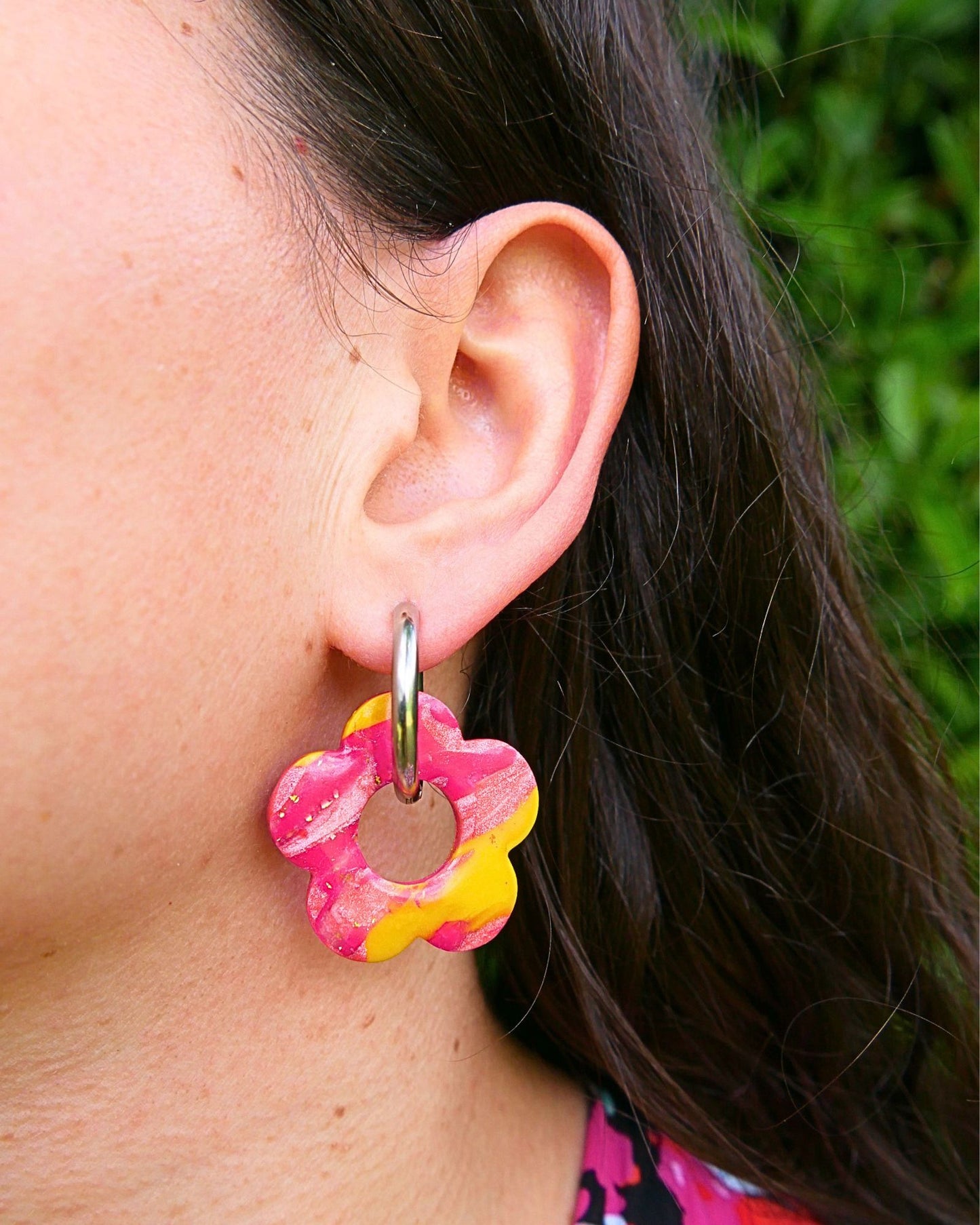 Créoles grandes fleurs - Fuchsia, rose clair & jaune