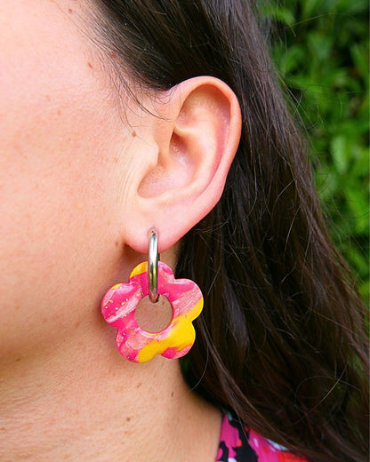 Créoles grandes fleurs - Fuchsia, rose clair & jaune
