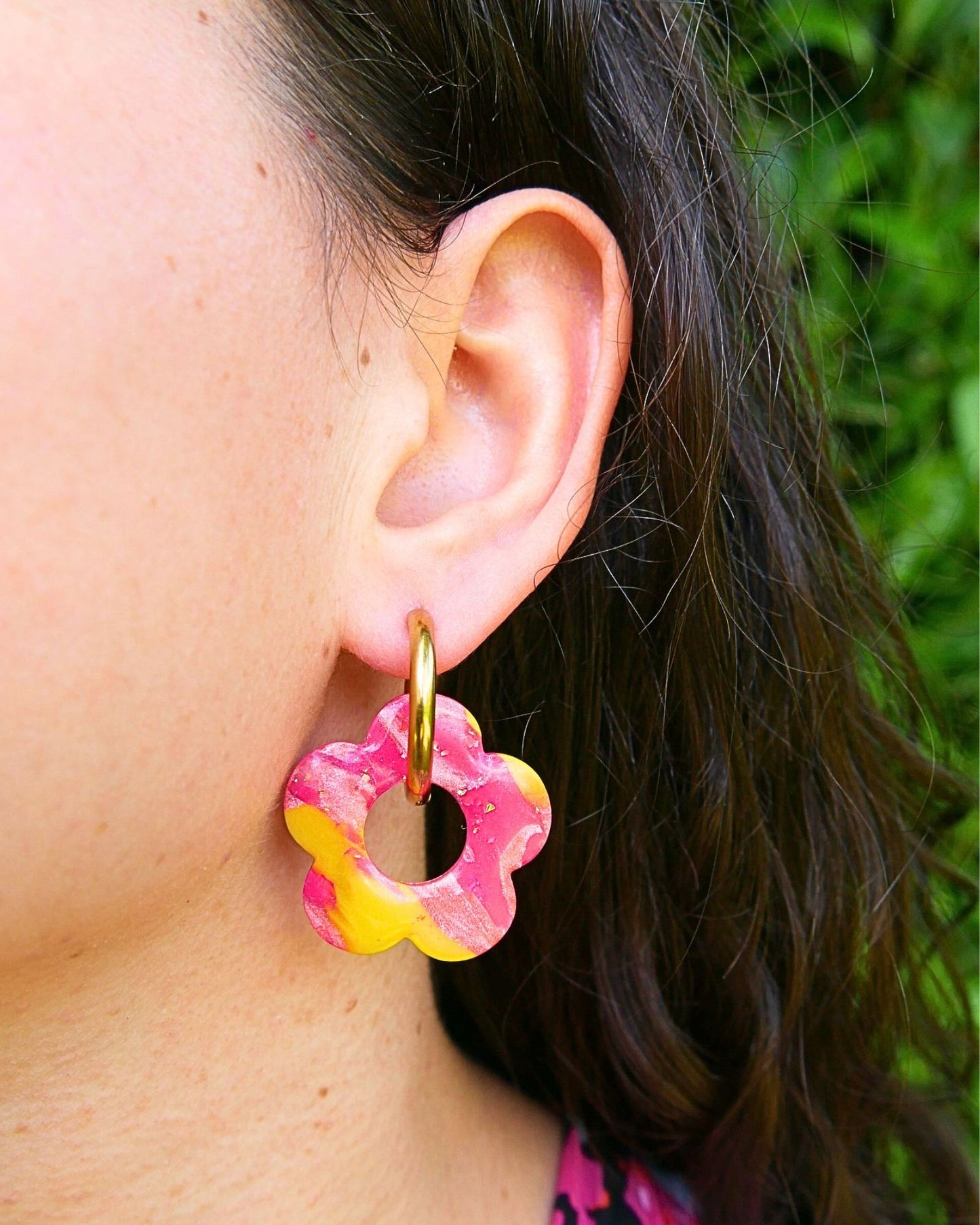 Créoles grandes fleurs - Fuchsia, rose clair & jaune