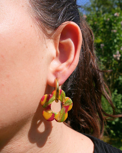 Créoles grandes fleurs - Moutarde, vert & framboise
