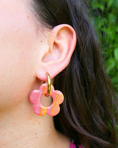 Créoles grandes fleurs - Rayures orange & rose