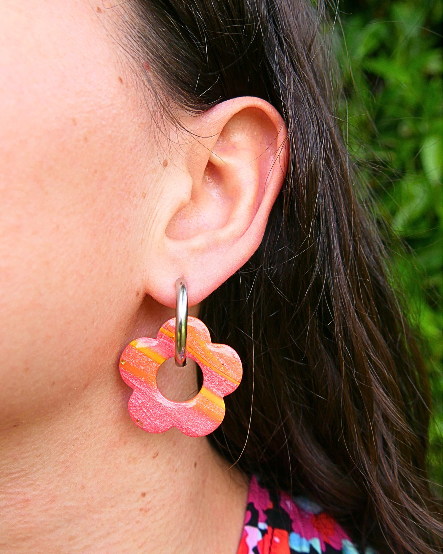 Créoles grandes fleurs - Rayures orange & rose