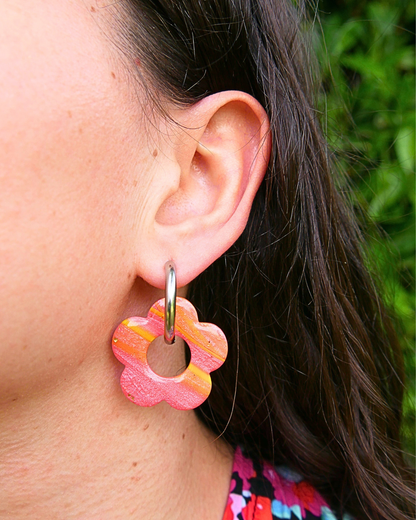 Créoles grandes fleurs - Rayures orange & rose