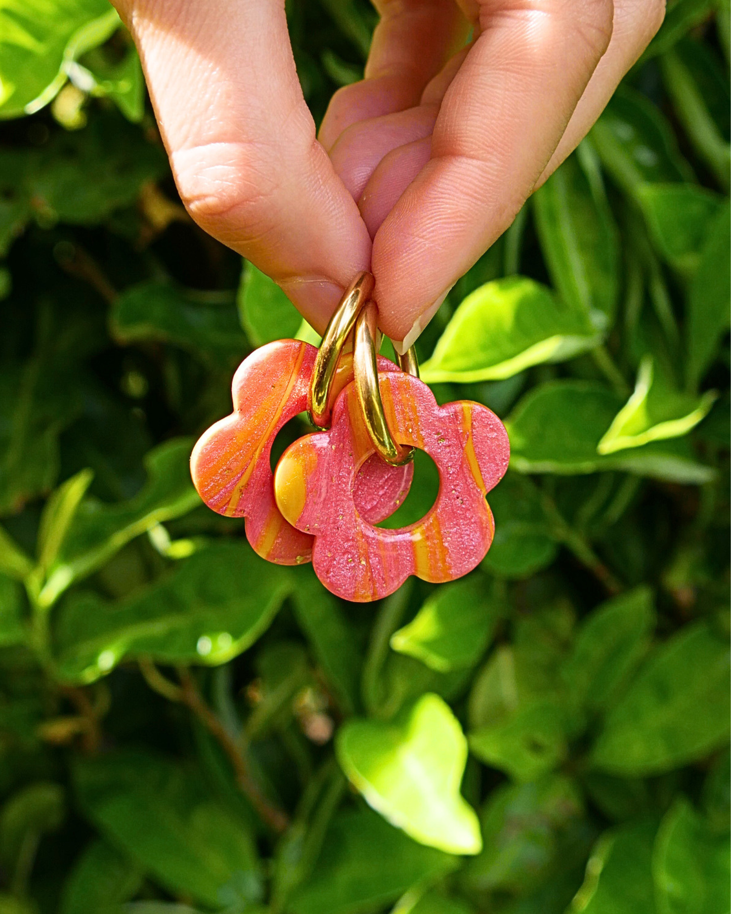 Créoles grandes fleurs - Rayures orange & rose