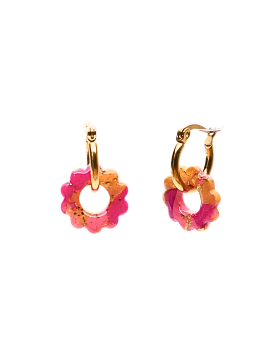 Créoles petites fleurs - Doré, Rose clair & Fuchsia