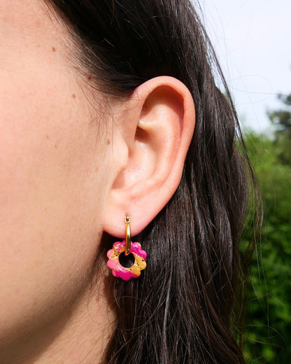 Créoles petites fleurs - Doré, Rose clair & Fuchsia