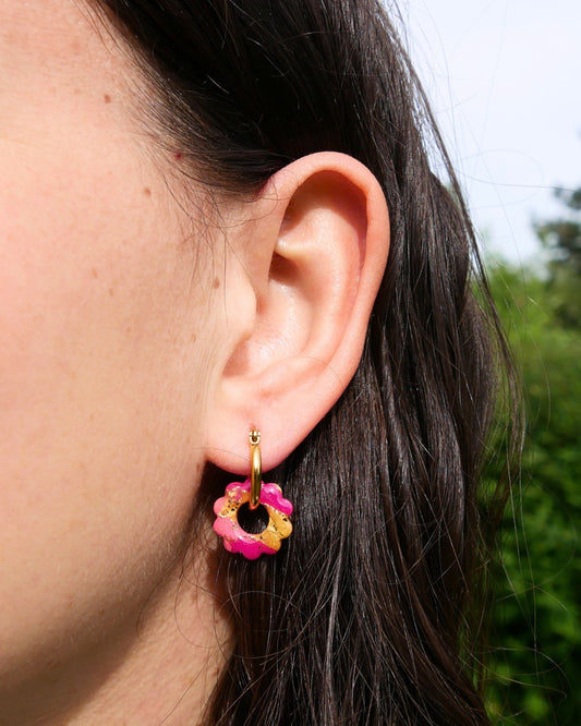 Créoles petites fleurs - Doré, Rose clair & Fuchsia