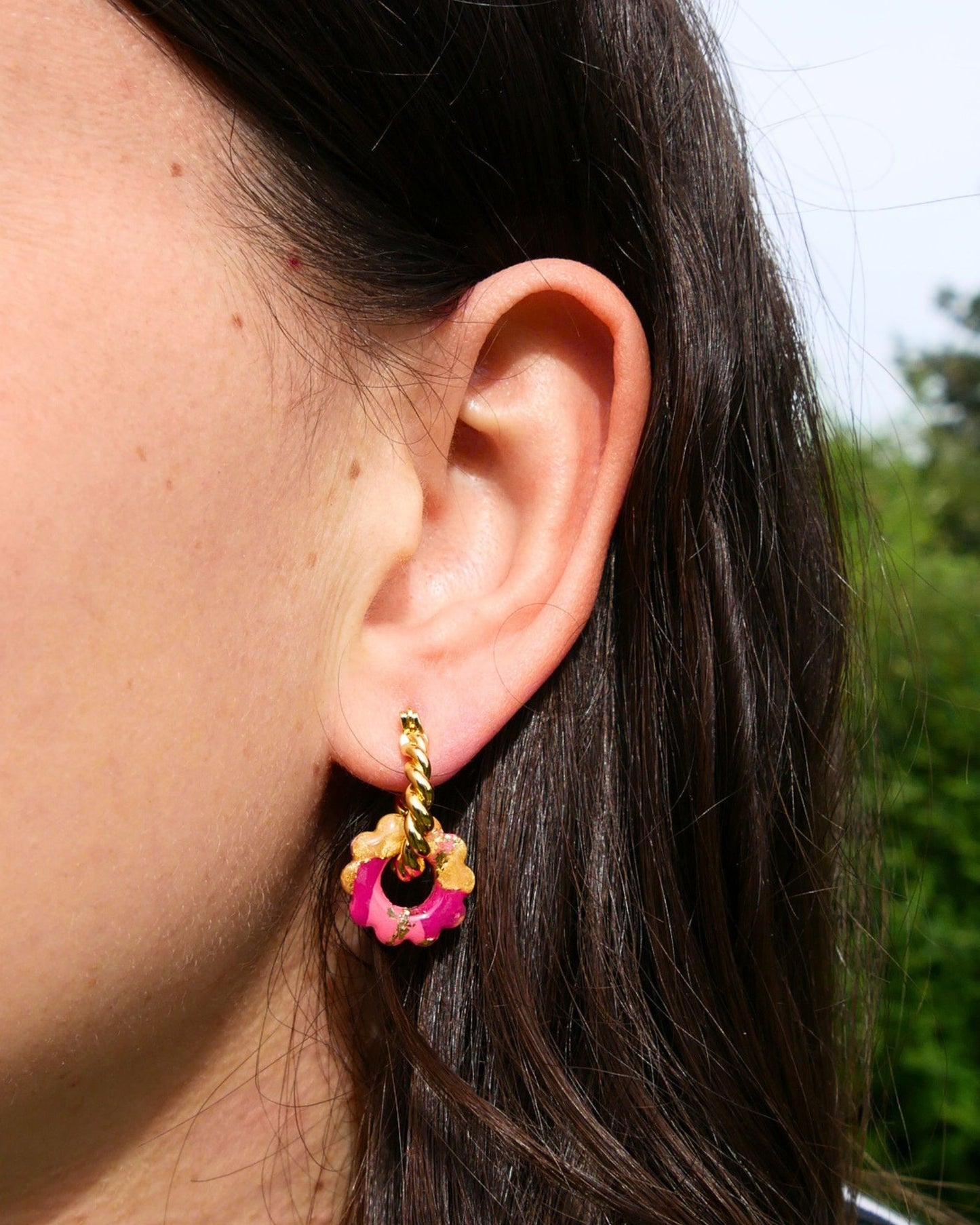 Créoles petites fleurs - Doré, Rose clair & Fuchsia