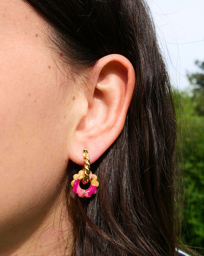 Créoles petites fleurs - Doré, Rose clair & Fuchsia