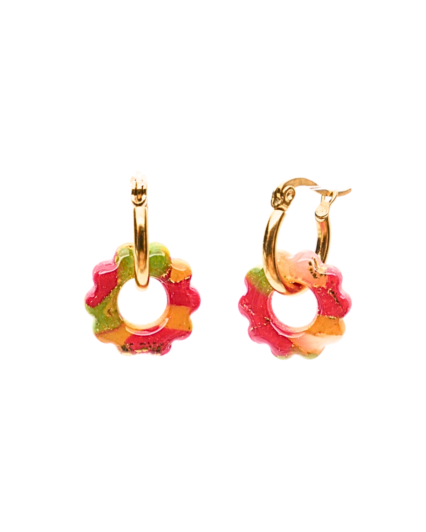 Créoles petites fleurs - Moutarde, vert & framboise