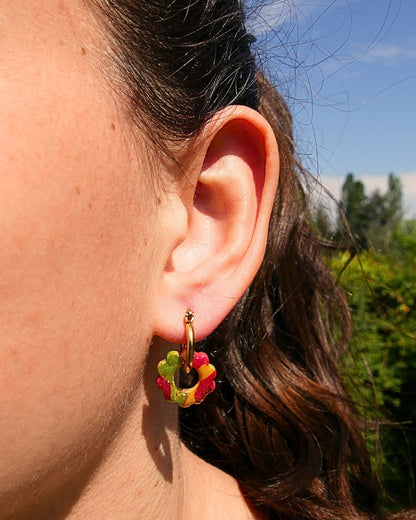Créoles petites fleurs - Moutarde, vert & framboise