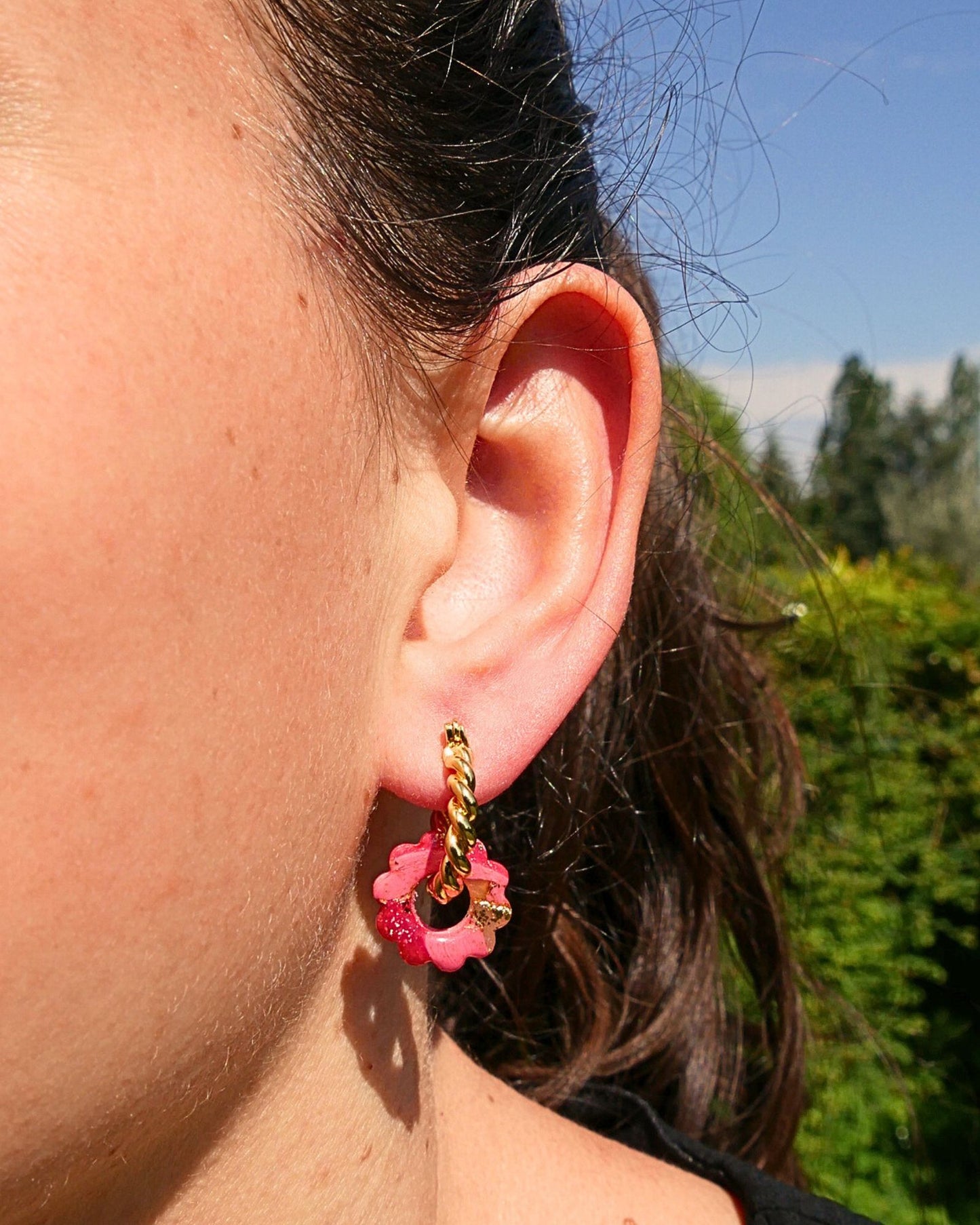 Créoles petites fleurs - Rose bonbon & framboise
