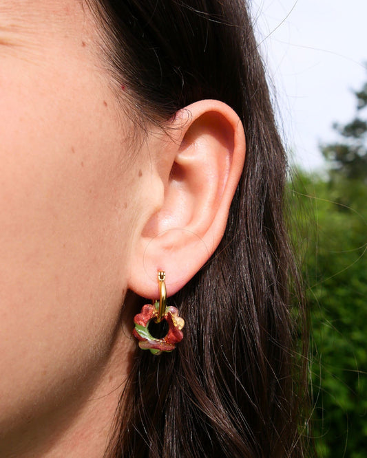 Créoles petites fleurs - Marron & vert olive